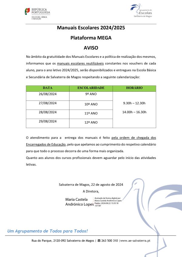 Calendário de Entrega dos Manuais Escolares Reutilizáveis – 2024/2025
